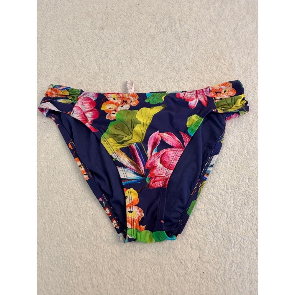 La Blanca Navy Blue Floral Ruched Hipster Bikini Bottoms Size 10 Tropical Swim